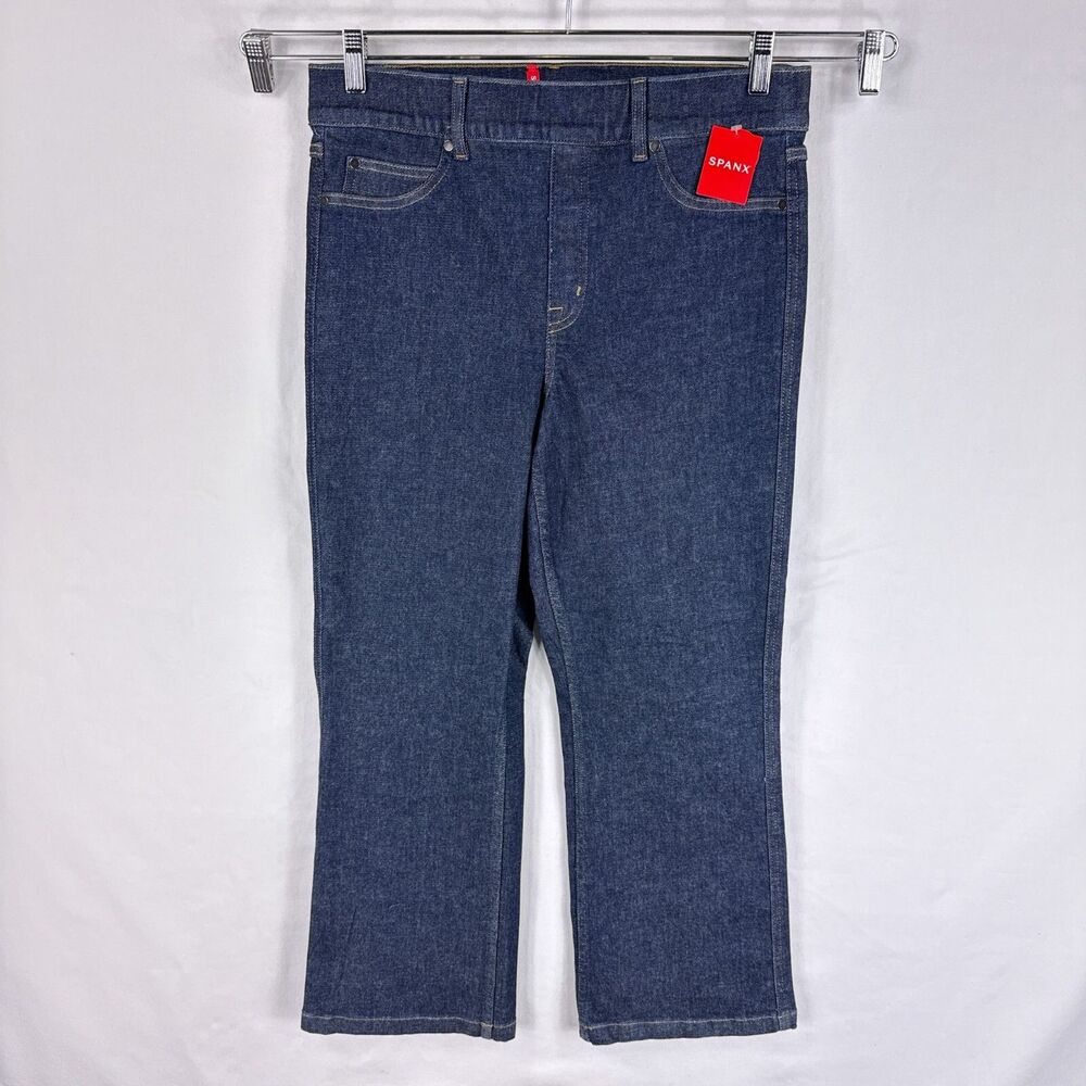 Spanx XL Cropped Kick Flare Jeans Raw Indigo Dark Blue Denim Pull On Stretch